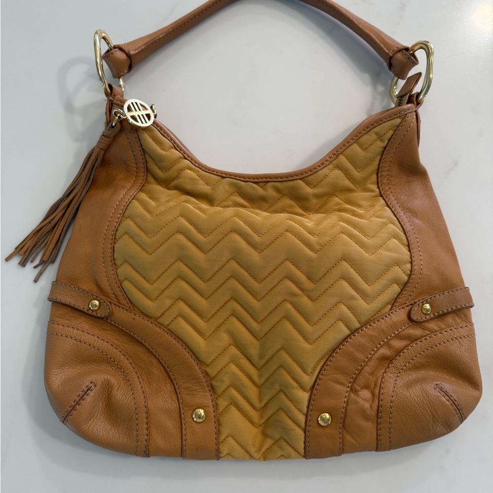 Via Spiga Tan and Gold Chevron Hobo Bag